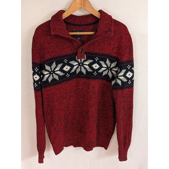 American Eagle Sweater Mens Large Nordic Fair isle Ski Red Navy Soft 1/4 Button - Picture 2 of 10